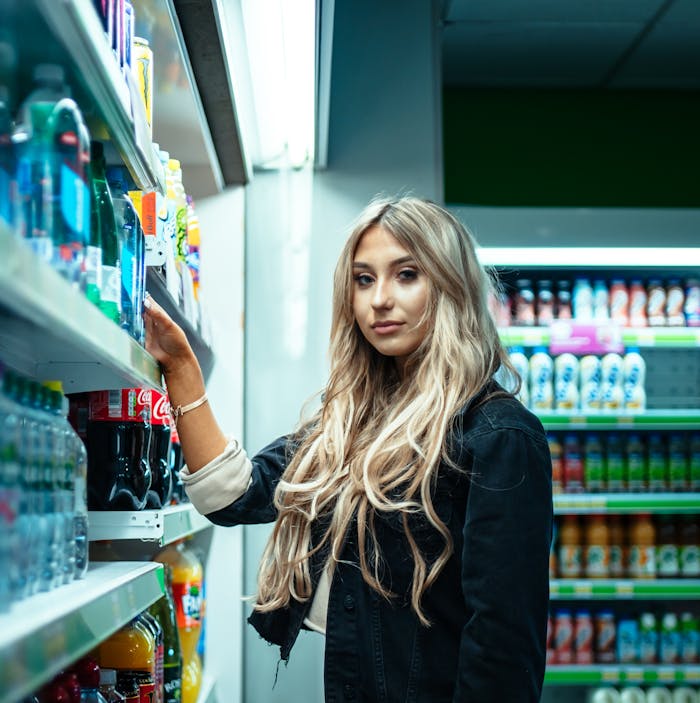 Young woman choosing drinks in a brightly lit supermarket aisle.
