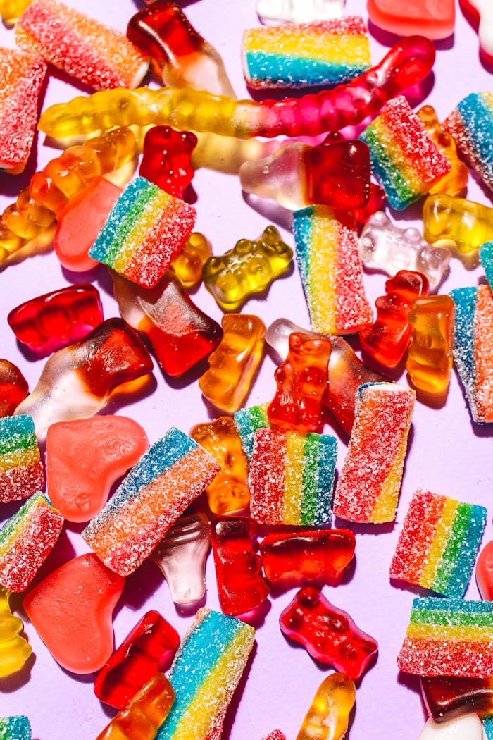 A colorful array of gummy candies including bears and worms on a purple backdrop.